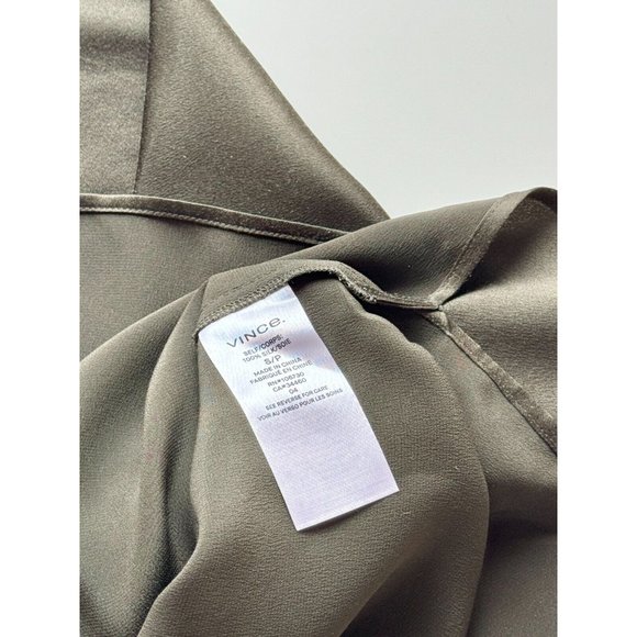VINCE Olive Green Silk Charmeuse Split Neck Relaxed Tunic Blouse, Size S - Picture 13 of 15